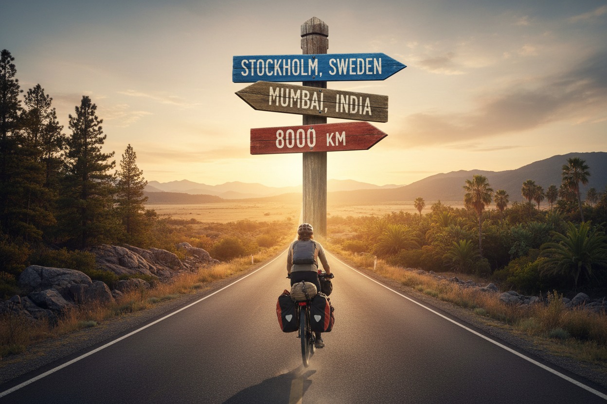 En cyklist med packning färdas längs en väg mot en vägskylt som visar riktningen mot Stockholm och Mumbai med ett avstånd på 8000 kilometer.